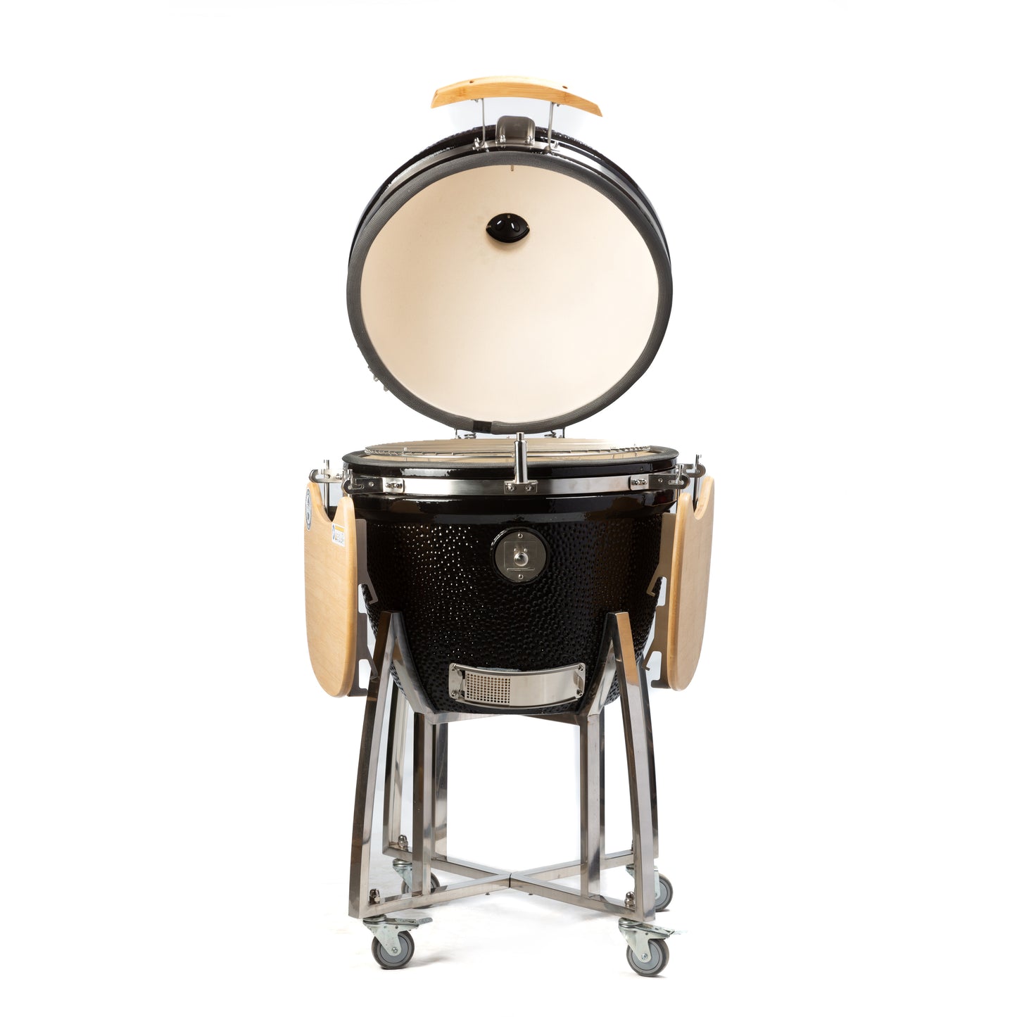Big Gaucho Grill (Black) with open lid on white background. Front view